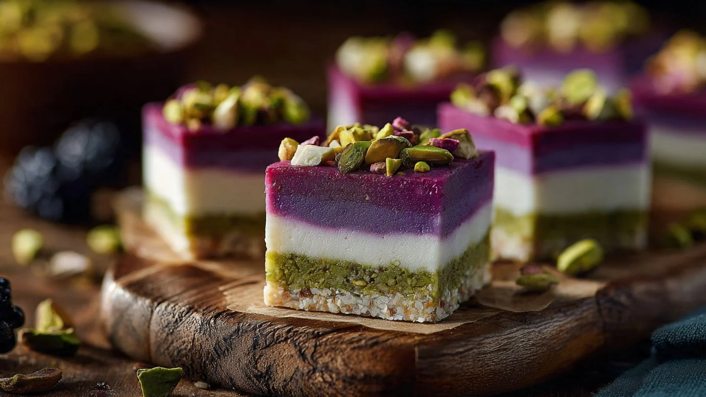 Delicious blackberry pistachio bars with a rich, creamy texture and fresh berries.