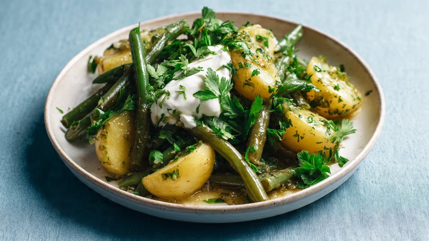 Delicious plate of braised green beans cooked to perfection