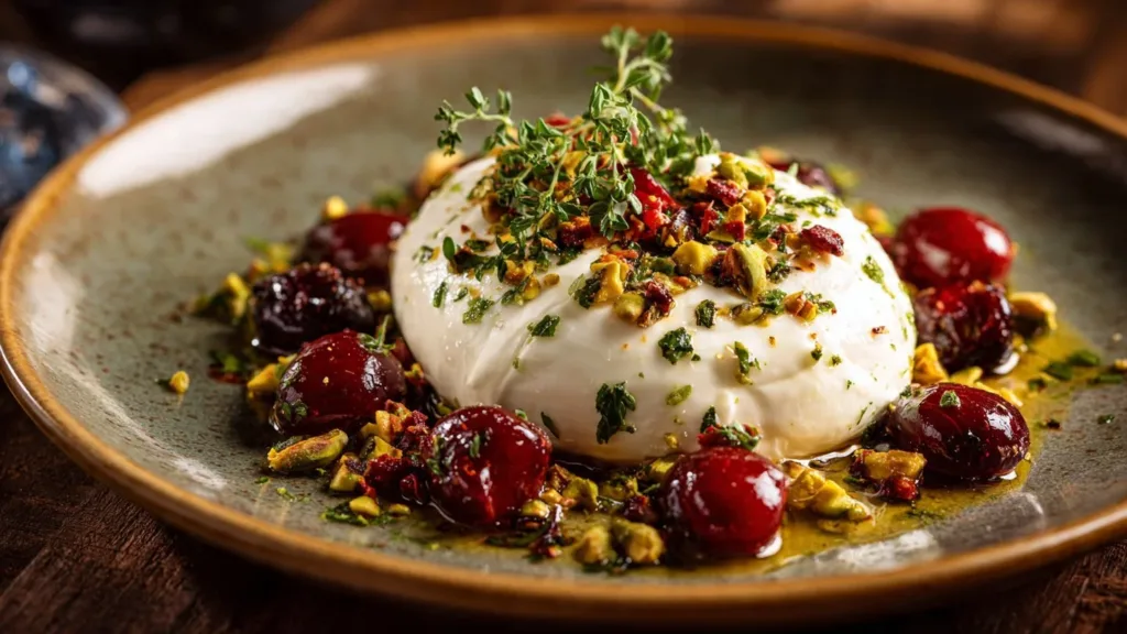 Burrata cheese with roasted plums, pistachios, and thyme garnish
