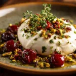 Burrata cheese with roasted plums, pistachios, and thyme garnish