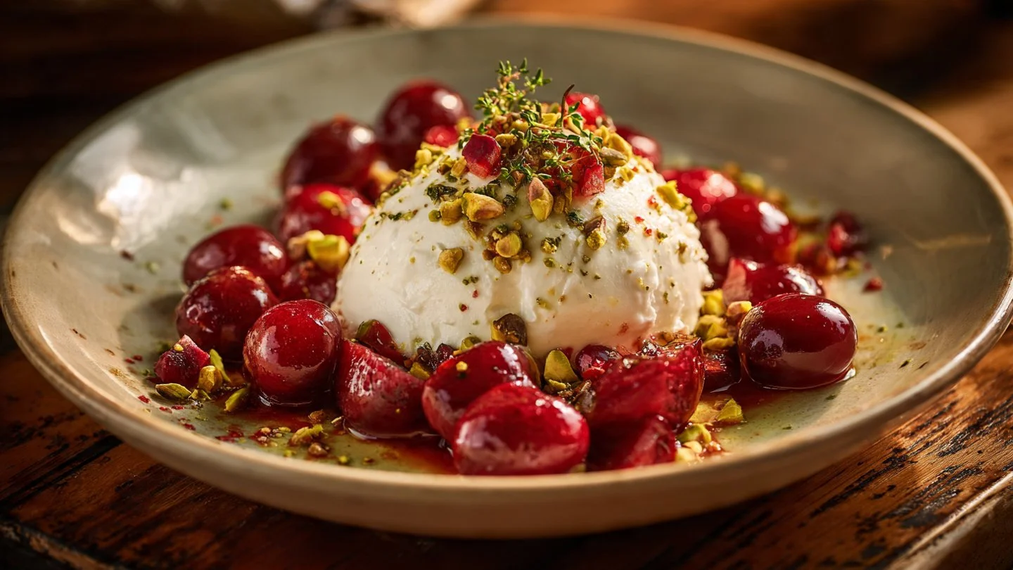 Burrata Bliss: Roasted Plums, Pistachios & Thyme Delight burrata Burrata with Roasted Plums, Pistachios & Thyme