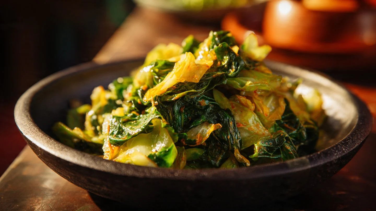 Caramelized sautéed cabbage with onions in a skillet