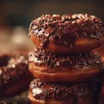 Delicious Chocolate Blackout Doughnuts topped with chocolate glaze and sprinkles