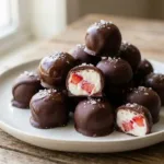Delicious chocolate-covered strawberry yogurt bites on a plate