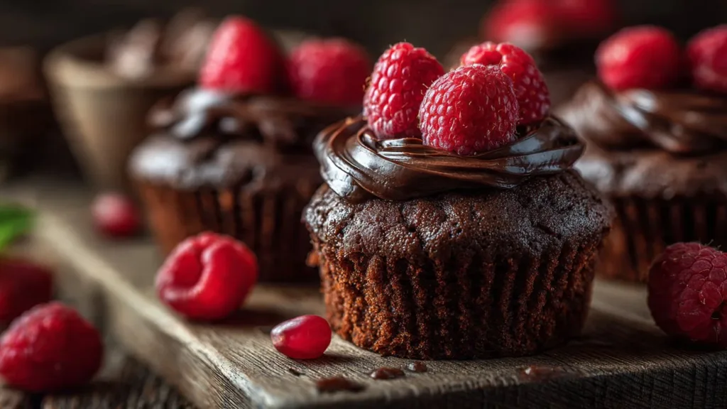 Chocolate raspberry cupcakes topped with fresh raspberries and chocolate frosting