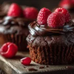 Chocolate raspberry cupcakes topped with fresh raspberries and chocolate frosting