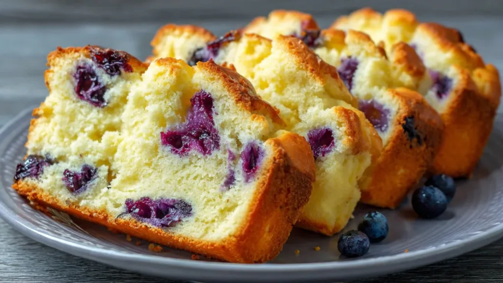 Fluffy cloud bread topped with fresh blueberries on a plate