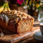 Delicious coffee banana bread topped with espresso frosting on a wooden table.