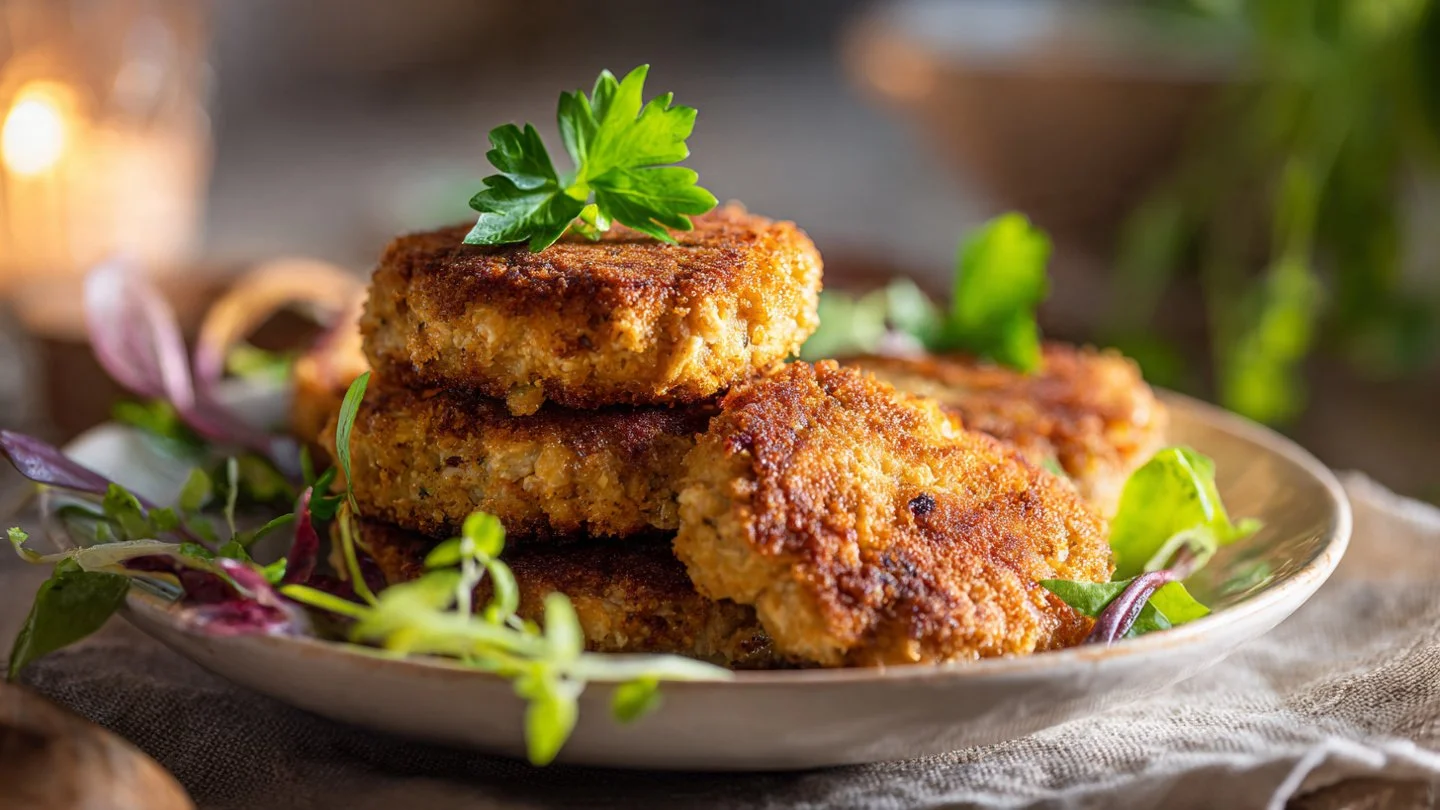 Golden brown cottage cheese tuna cakes served on a plate
