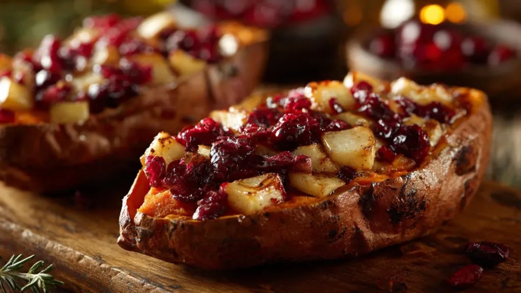 Cranberry apple twice-baked sweet potatoes served on a plate