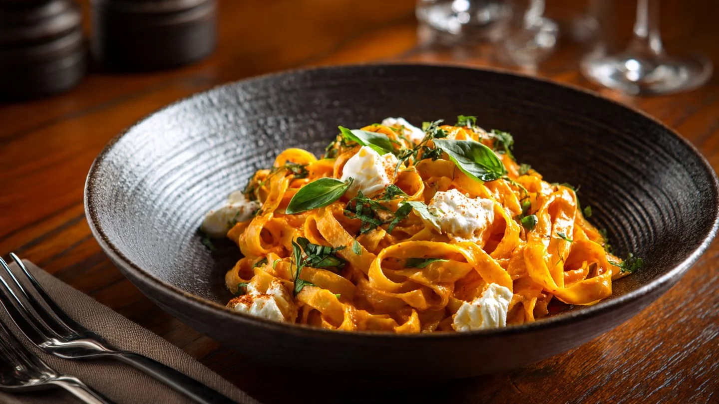 Creamy red pepper pasta dish topped with burrata and fresh herbs