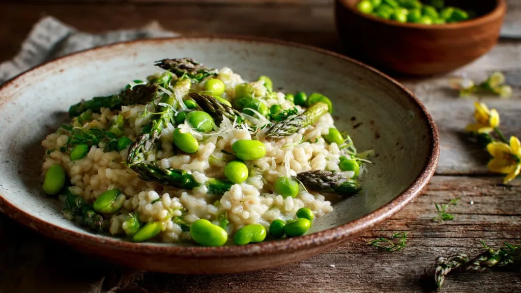 Creamy Vegan Risotto with Asparagus, Peas & Edamame - Spring Comfort