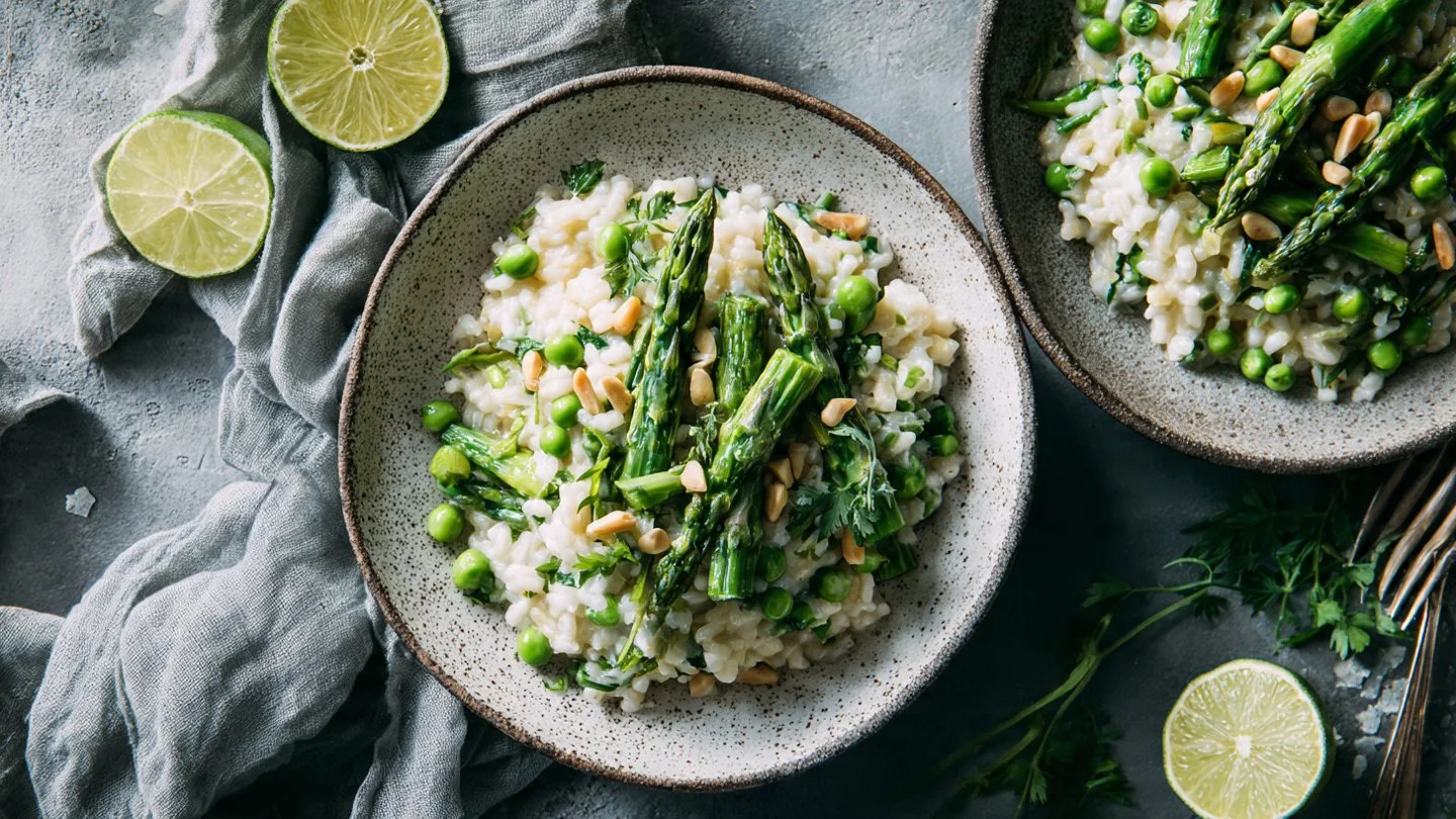 Creamy Vegan Risotto with Asparagus, Peas, and Edamame