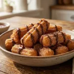 Crispy air fryer churro bites dusted with cinnamon sugar on a plate