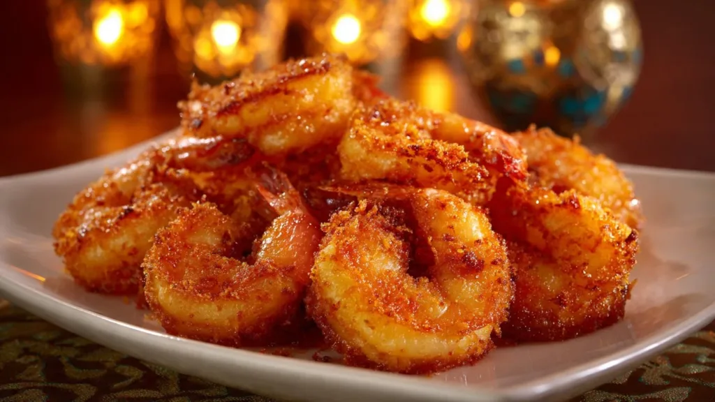 Crispy fried lobster tails served with dipping sauce on a plate.