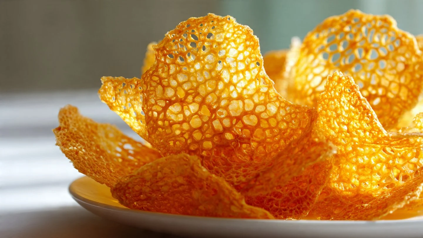 Crispy orange lace cookies on a decorative plate, garnished with zest.