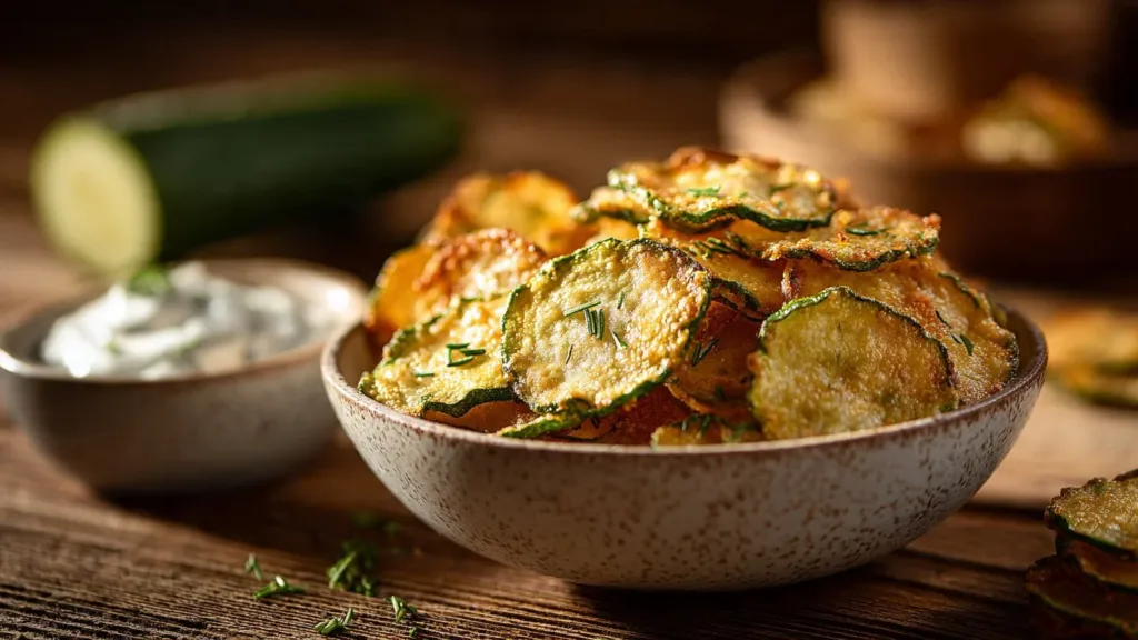 Crunchy ranch cucumber chips in a bowl, crispy and flavorful snack