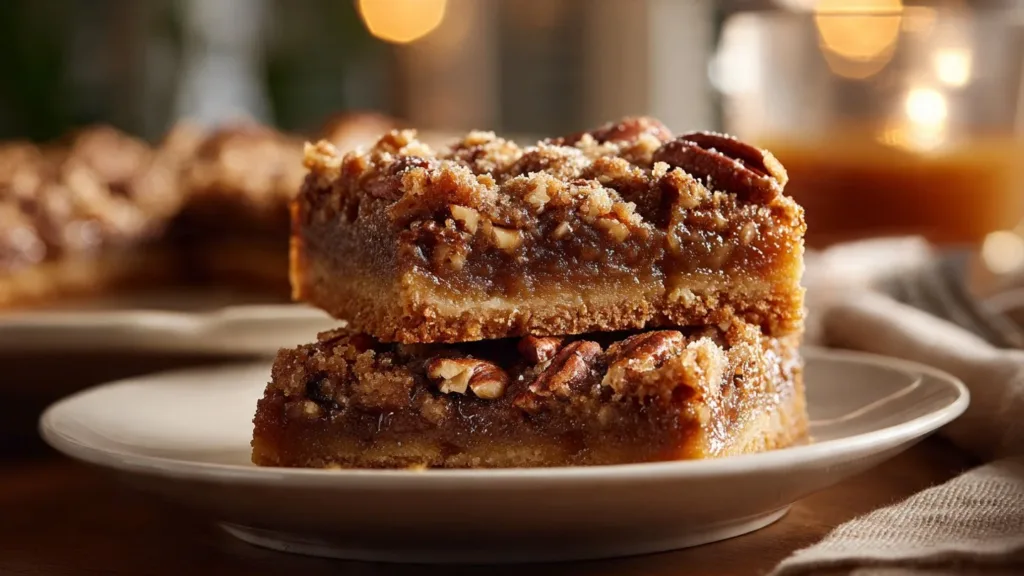 Easy lazy girl pecan pie bars with a delicious pecan topping