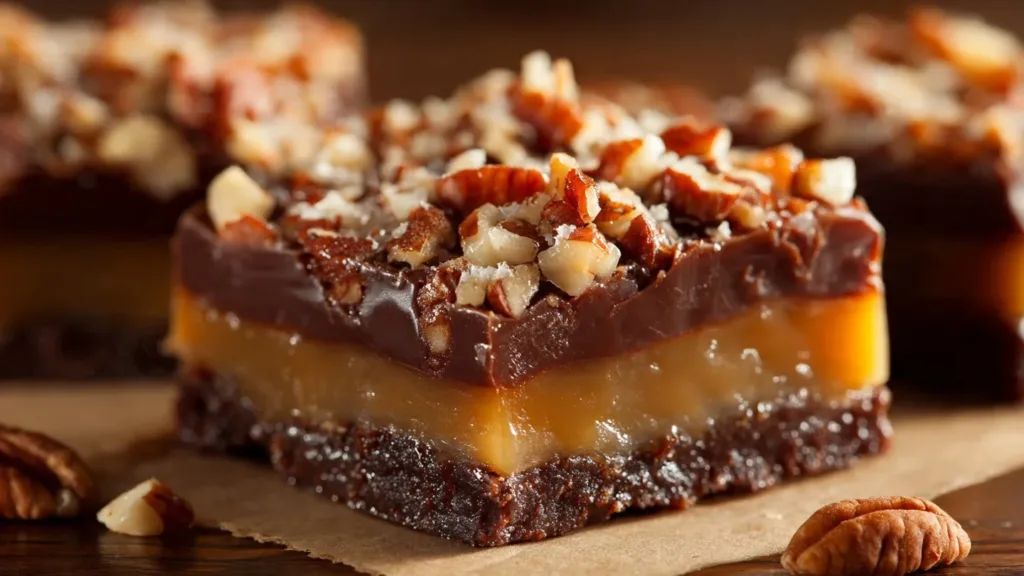Delicious easy turtle bars topped with caramel, chocolate, and nuts