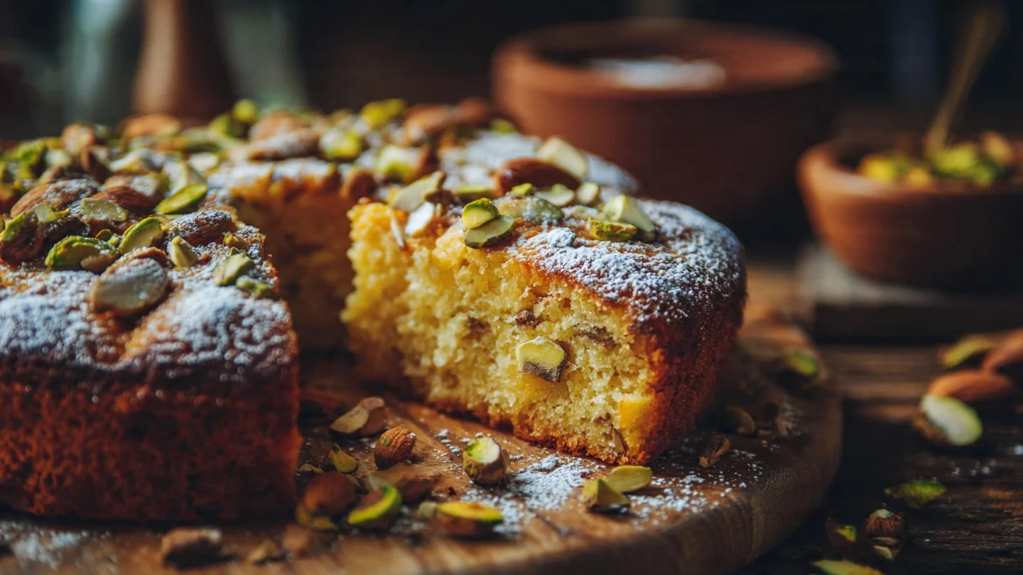 Flourless orange pistachio almond cake slice with orange slices on top