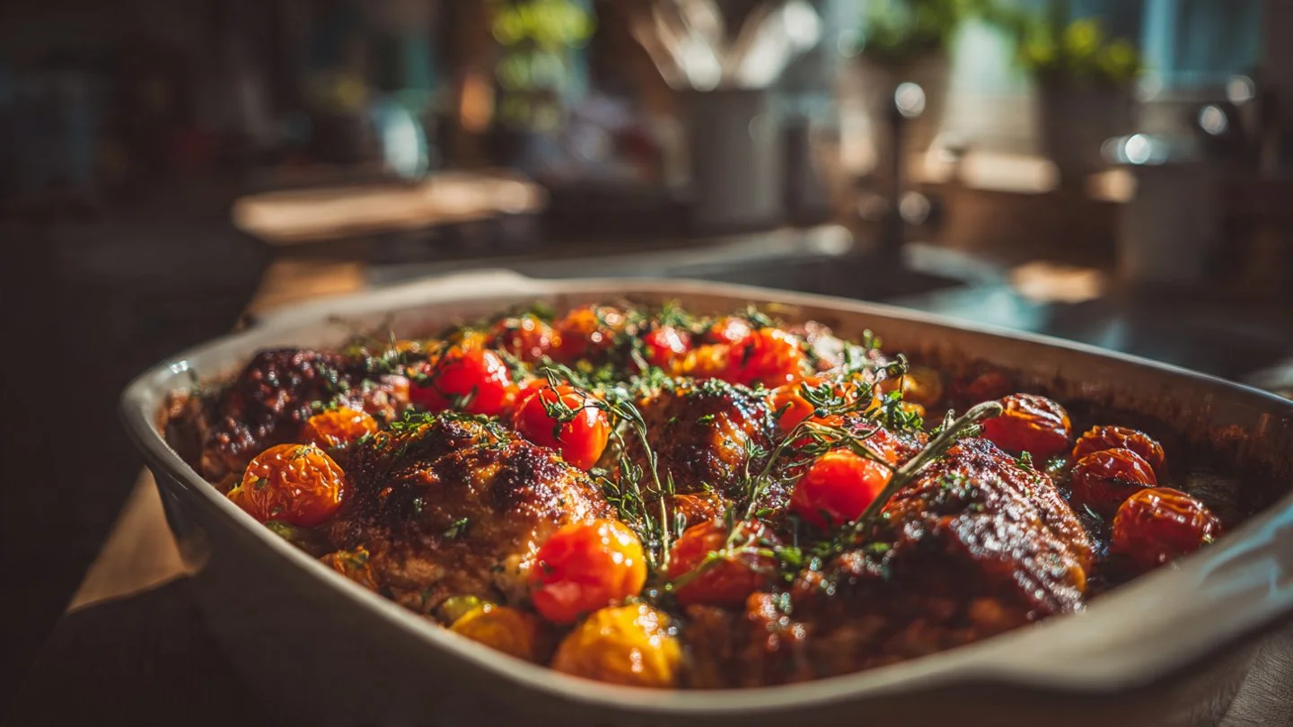 High Protein Chicken Bake dish with vegetables and spices baked to perfection