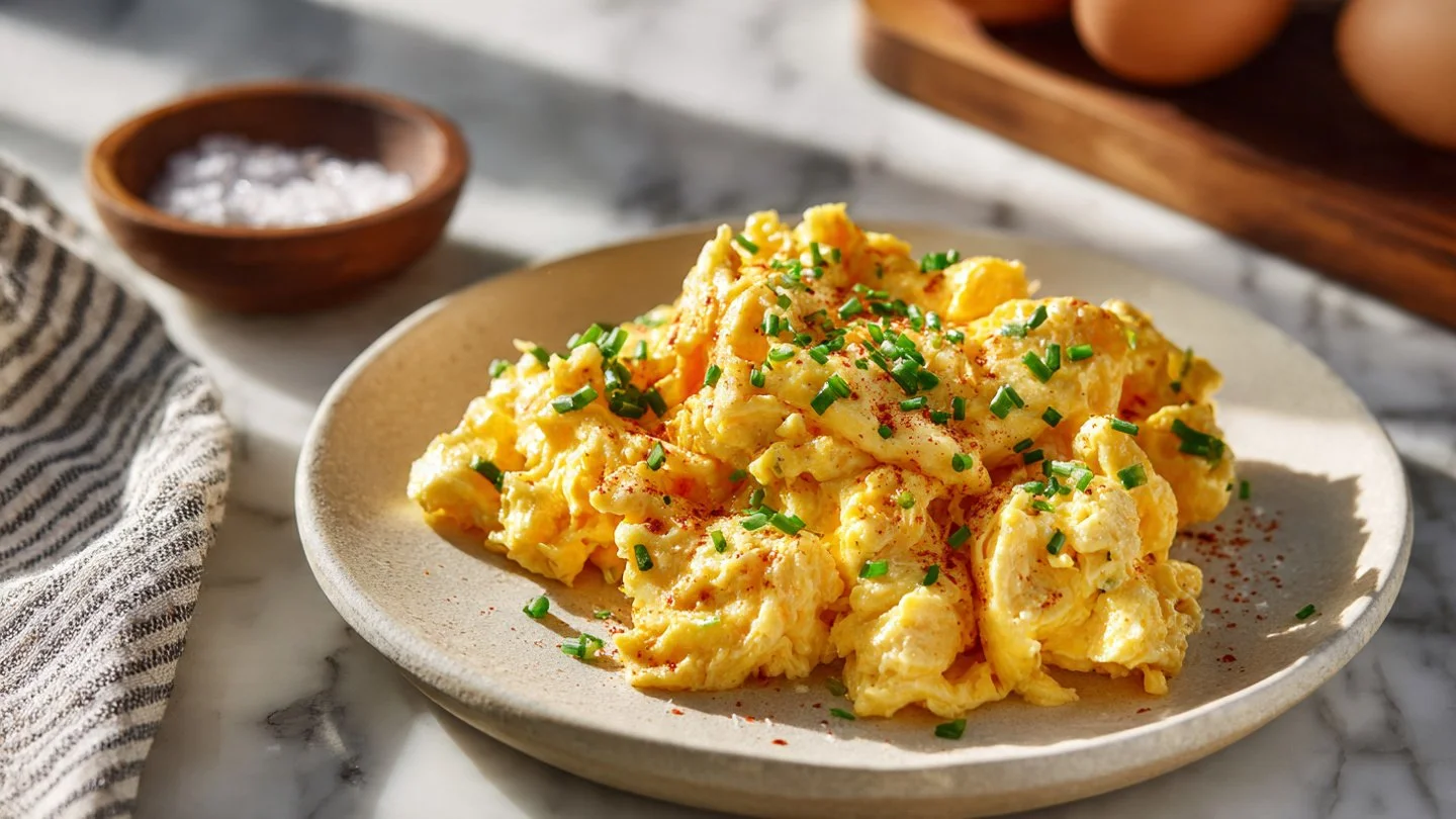 Delicious homemade cottage cheese scrambled eggs served on a plate.