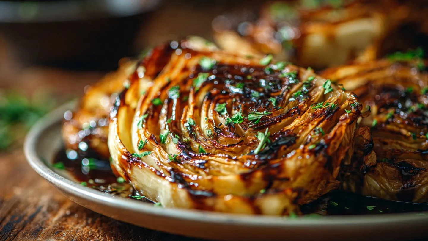 Delicious honey balsamic cabbage steaks on a plate, garnished and ready to serve