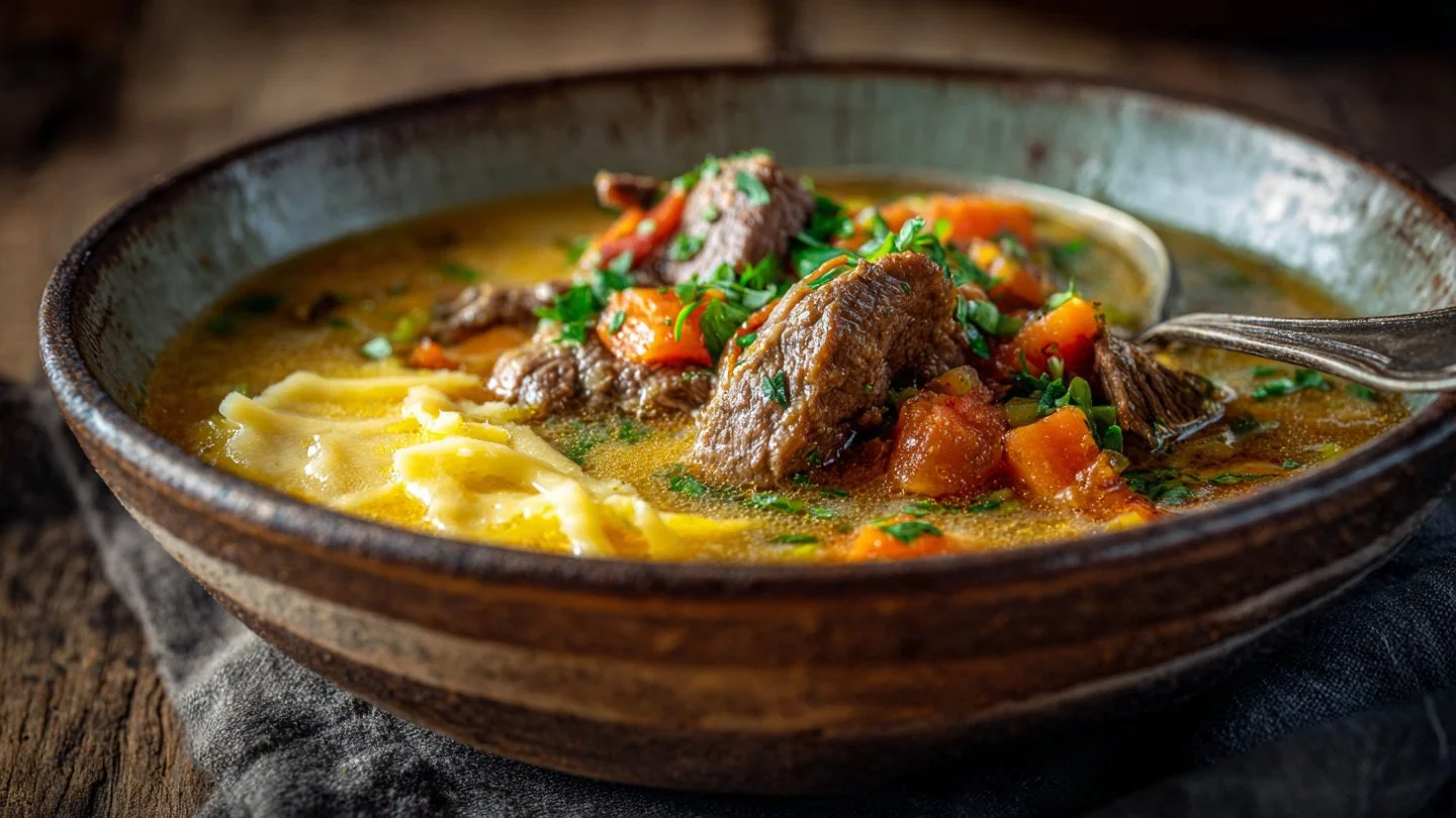 Indulgent Philly Cheesesteak Soup with Cheesy Toast Delight