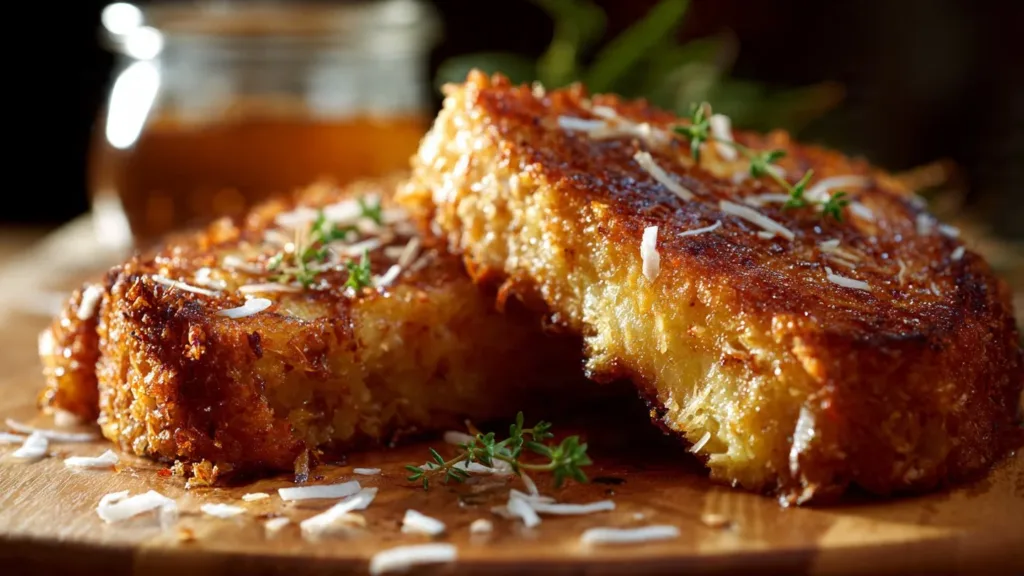 Coconut crusted stuffed French toast topped with syrup and fresh fruit