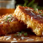 Coconut crusted stuffed French toast topped with syrup and fresh fruit