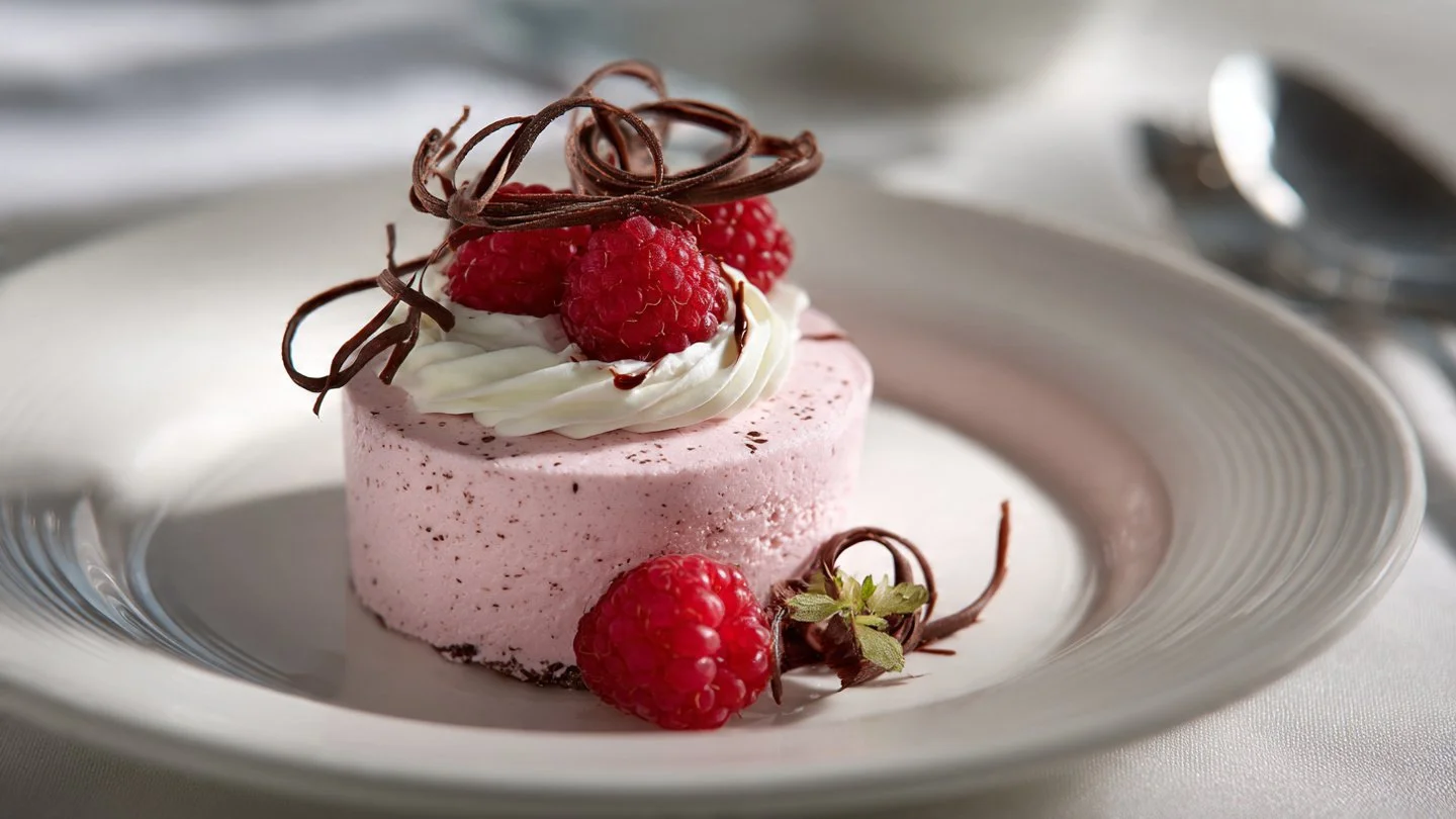 A bowl of irresistible raspberry mousse topped with fresh raspberries and mint.