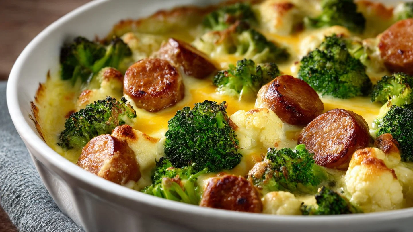 Keto Broccoli and Cauliflower Au Gratin With Sausage