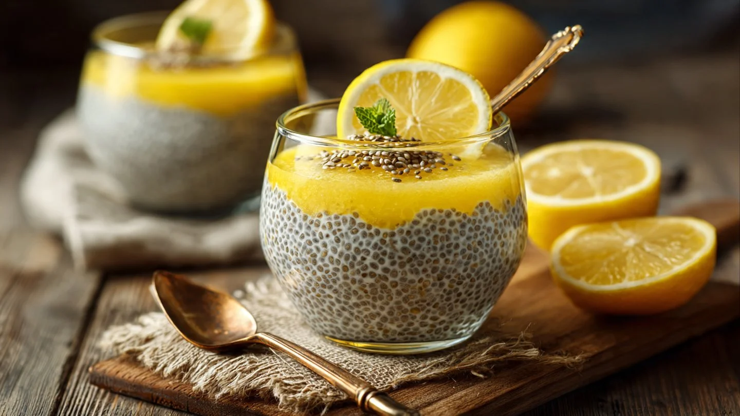 A bowl of lemon chia pudding topped with fresh lemon slices and mint leaves.