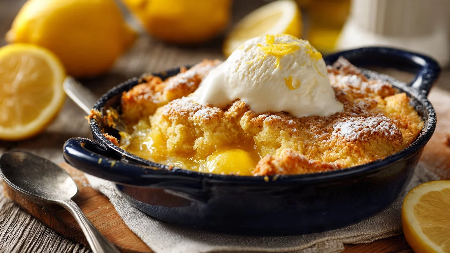Slice of Magic Lemon Cobbler on a plate with lemon slices