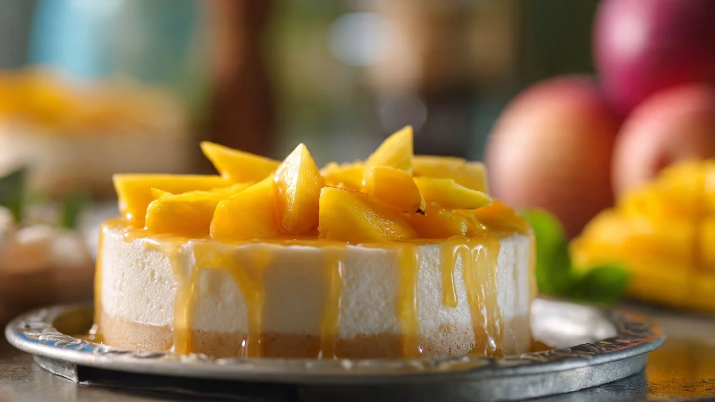 Delicious Mango Tres Leches Cake topped with fresh mango slices