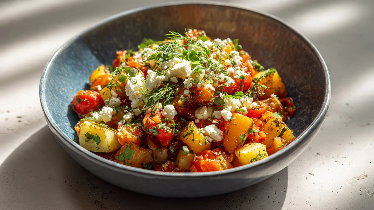 Mediterranean Turkey Skillet with vegetables and spices in a frying pan