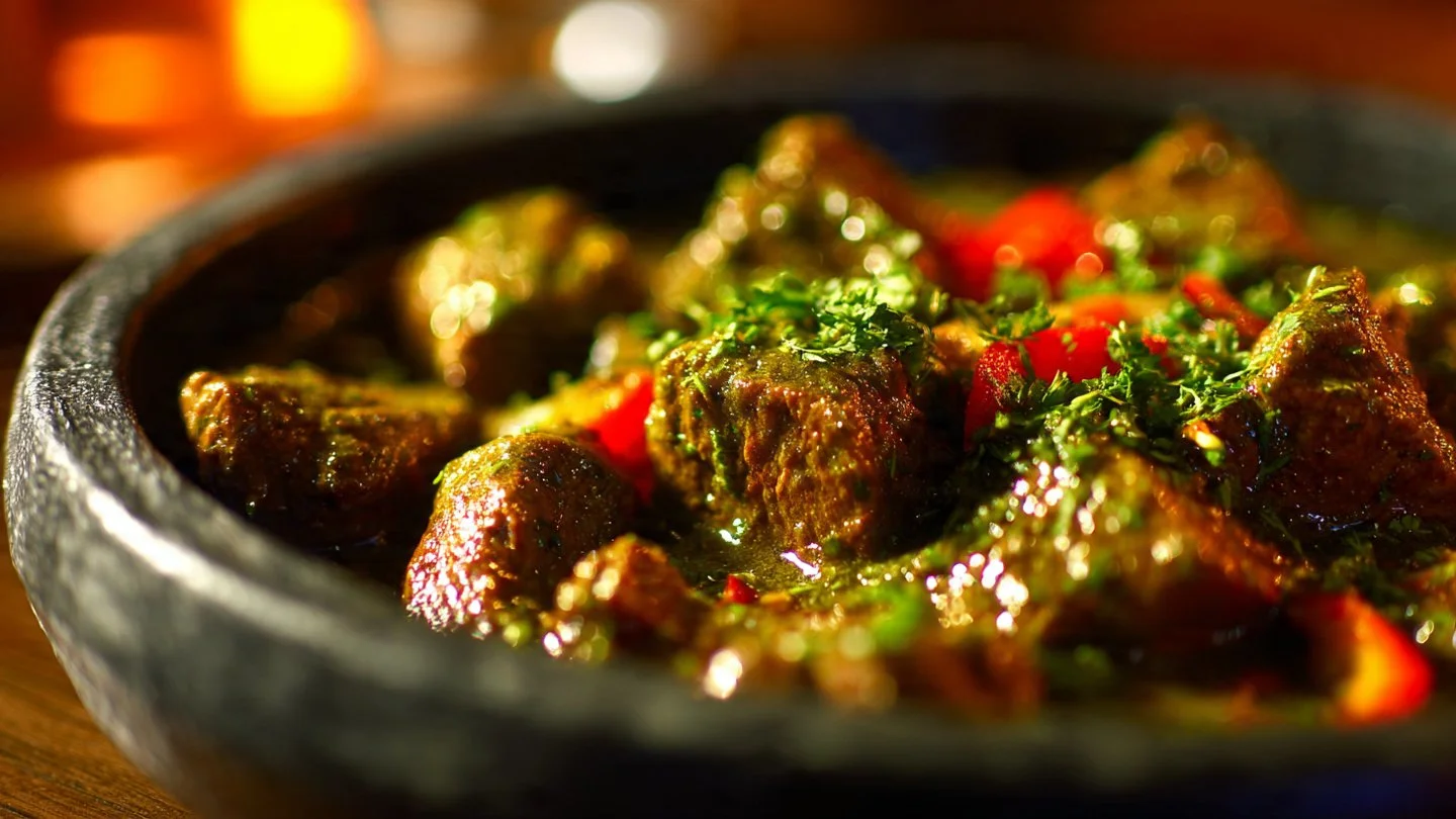 Delicious Mexican Beef Green Chile served in a bowl with fresh herbs and spices