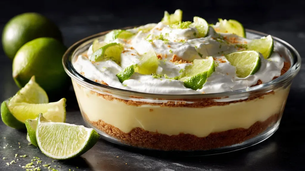 Delicious no-bake key lime pie lush dessert topped with whipped cream and lime slices.