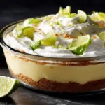 Delicious no-bake key lime pie lush dessert topped with whipped cream and lime slices.