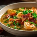 Delicious bowl of Nova Scotia Seafood Chowder with fresh seafood ingredients