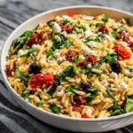Orzo pasta salad with feta cheese and sun-dried tomatoes in a bowl