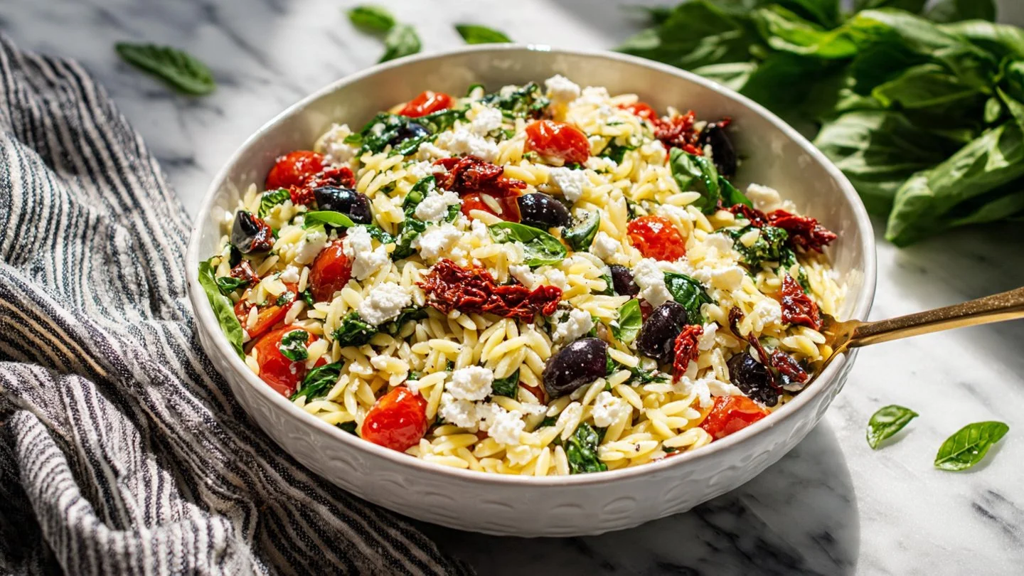 Homemade Orzo Pasta Salad with Feta and Sun Dried Tomatoes - flirtyfood