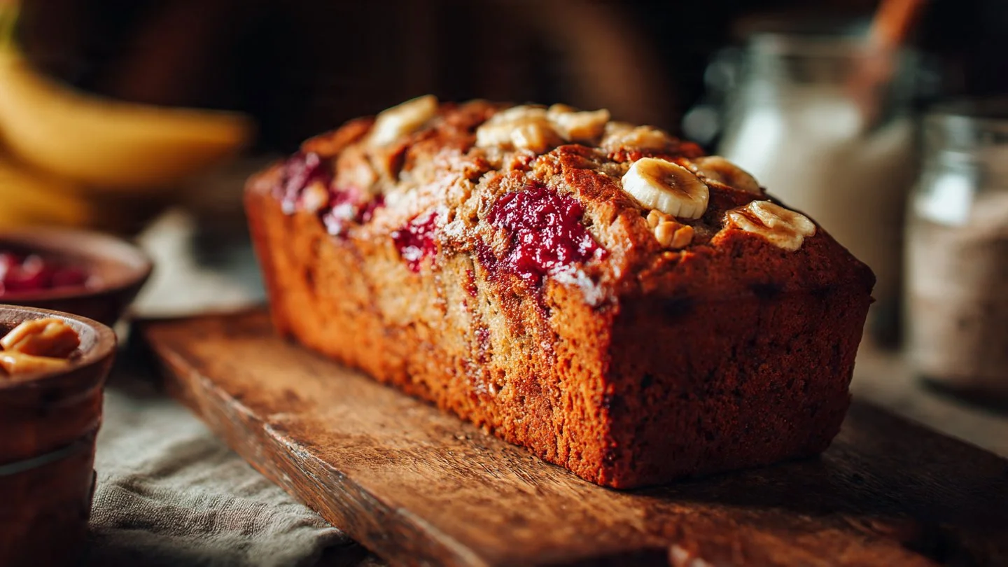 Peanut Butter and Jelly Banana Bread loaf fresh out of the oven