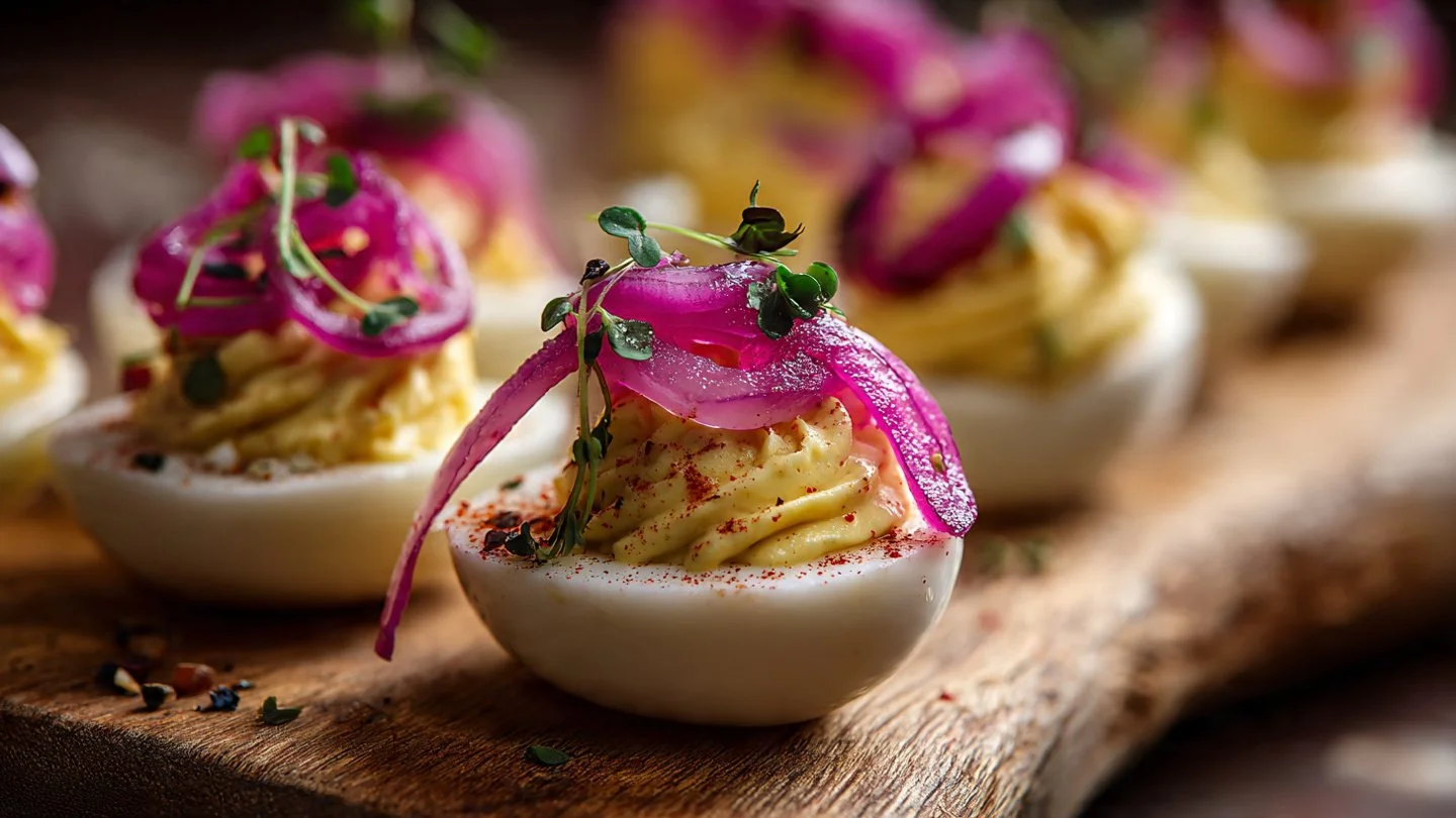 Delicious pickled onion deviled eggs garnished with herbs and spices.
