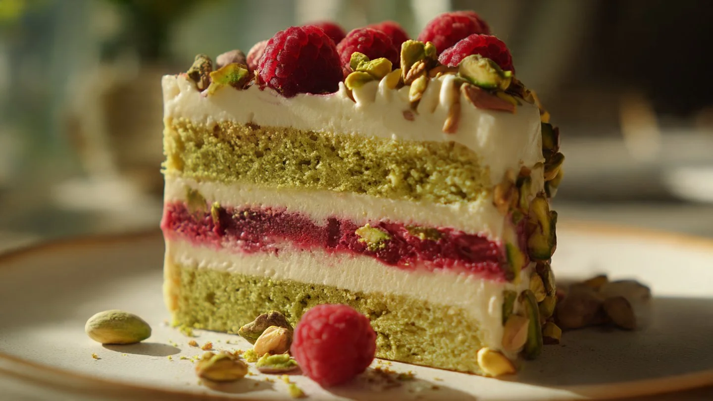 A slice of Pistachio Raspberry Dream Cake with vibrant raspberry topping and pistachio garnish.