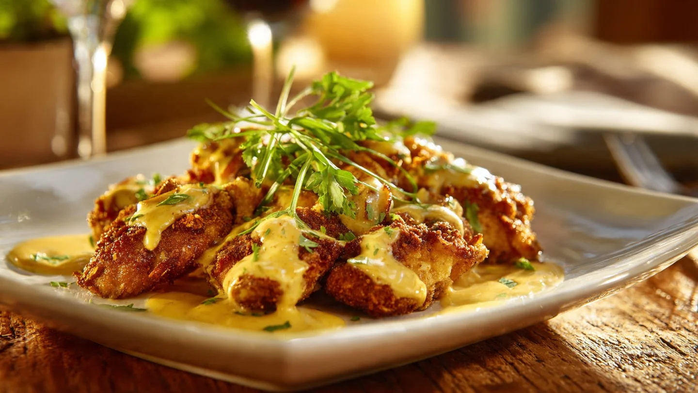 Pretzel Chicken with Mustard-Cheddar Sauce