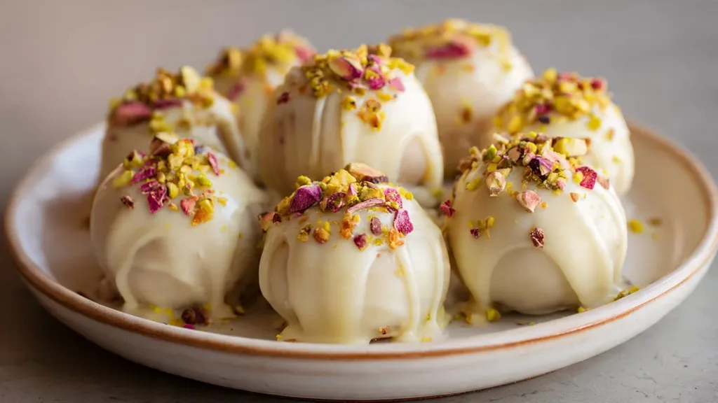 Pistachio Protein Dessert Cake Pops : Low-Sugar White Chocolate Bites Protein Dessert Pistachio Protein Dessert Cake Pops : Low-Sugar White Chocolate Bites