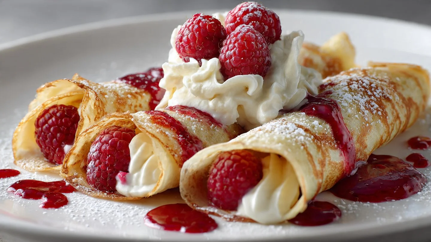Delicious raspberry vanilla cream crepes served on a plate with fresh raspberries.