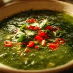 Bowl of roasted poblano soup garnished with cilantro and avocado
