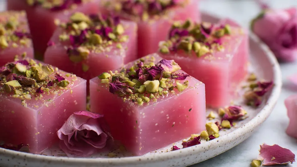 Delicious Rose Milk Gelatin dessert topped with rose petals.